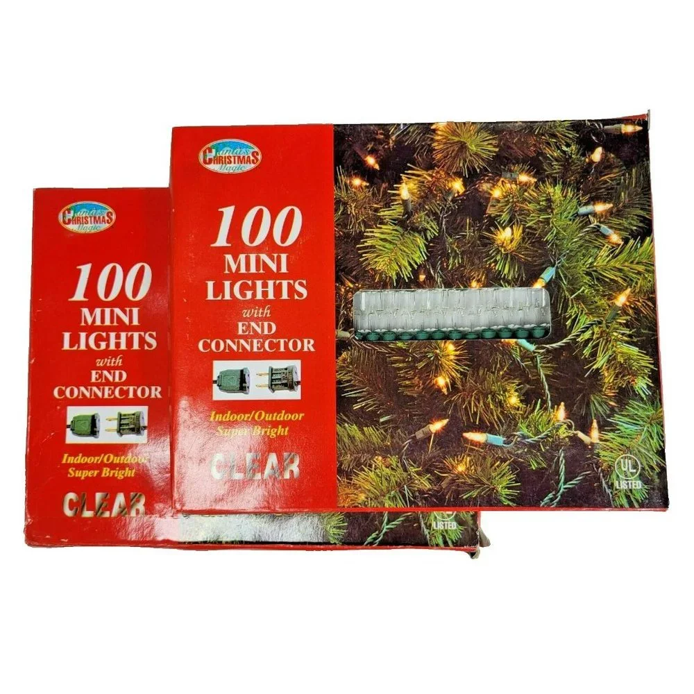 Lot of 2 Santa's Magic 100ct Mini String Lights NEW Clear White Bulb/Green Wire